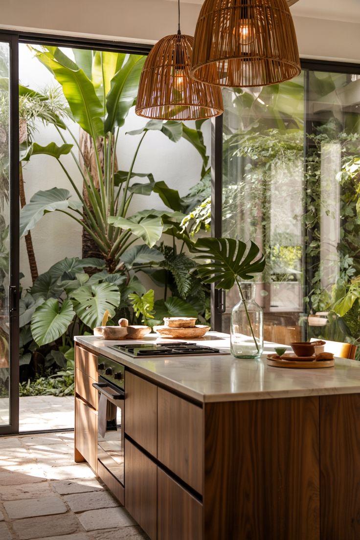 Modern kitchen renovation with timber island and indoor plants, Gold Coast home